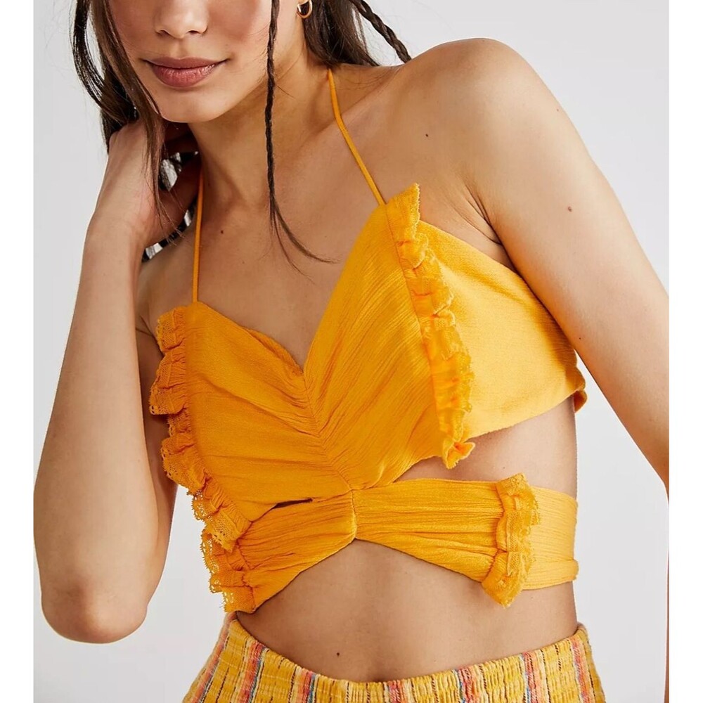 Free People Endless Summer  Fly Away Halter Cropped Top Smocked Ruffle M 262149
